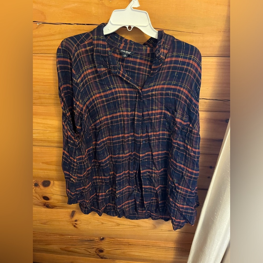 Navy, red, and gold button up